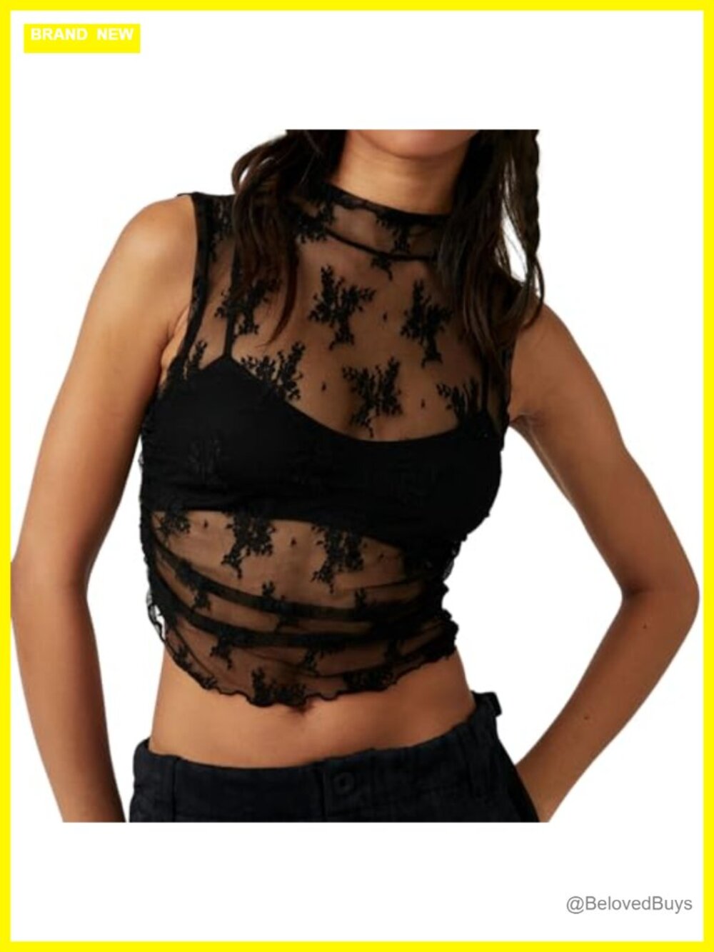 Sheer Lace Mesh Sleeveless Crop Top Mock Neck Ruched Slim Fit Floral Tank